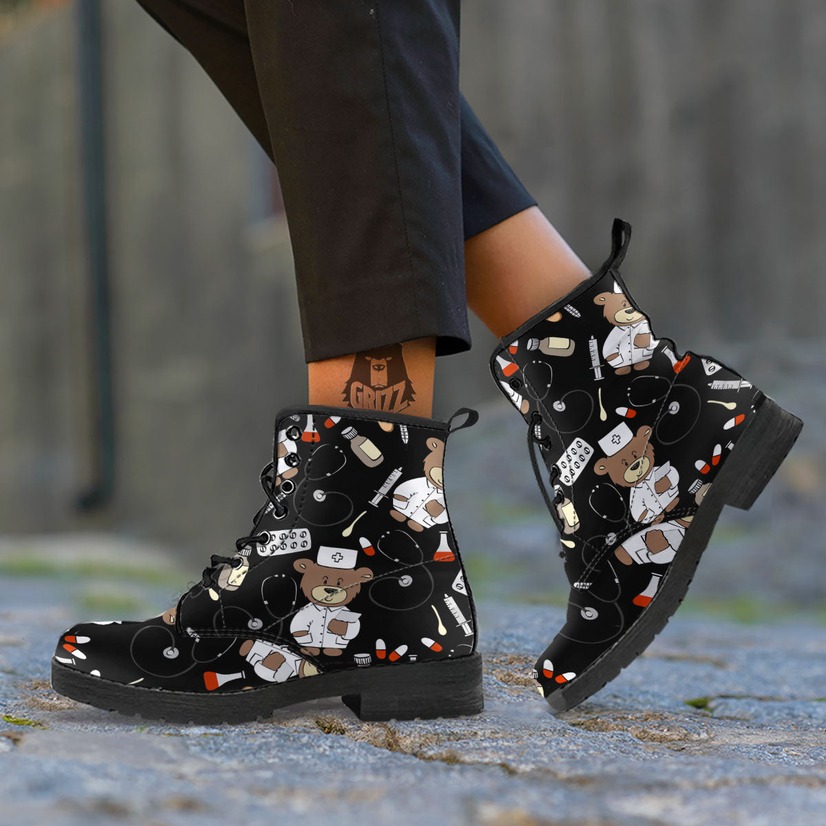 Black Teddy Bear Nurse Leather Boots-grizzshop