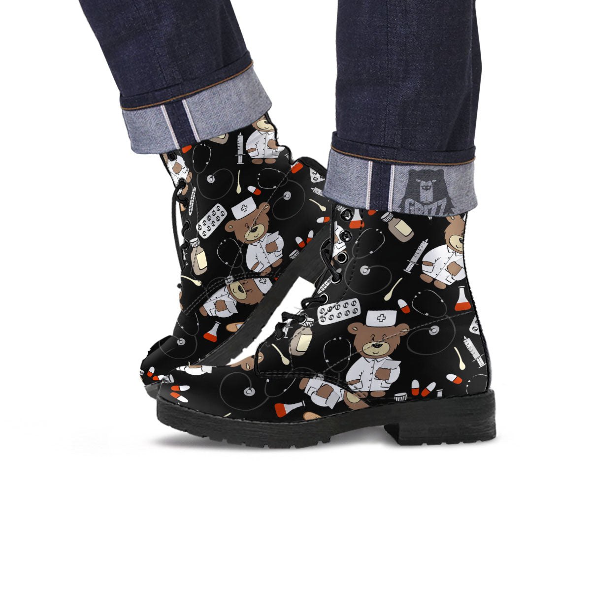 Black Teddy Bear Nurse Leather Boots-grizzshop