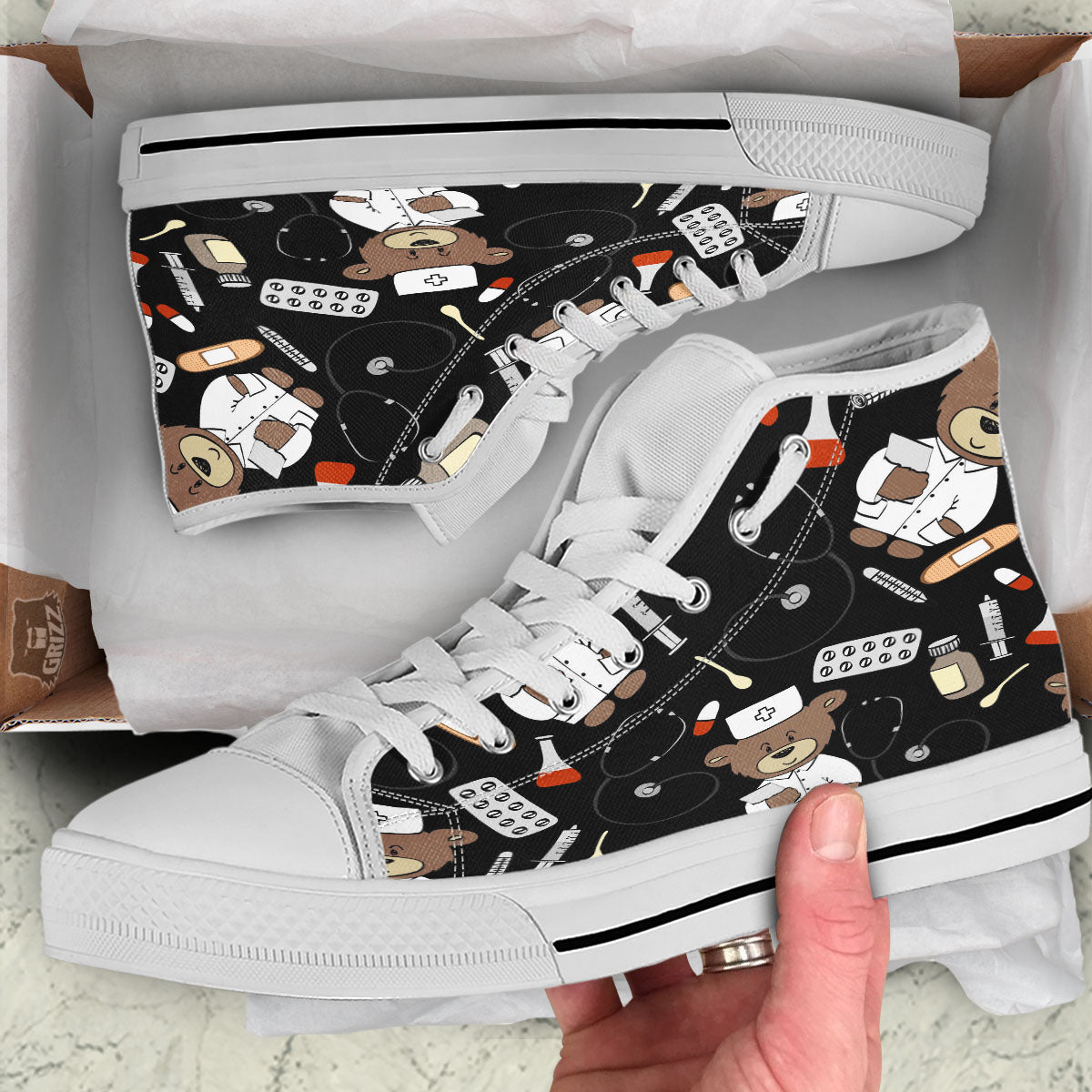 Black Teddy Bear Nurse White High Top Shoes-grizzshop