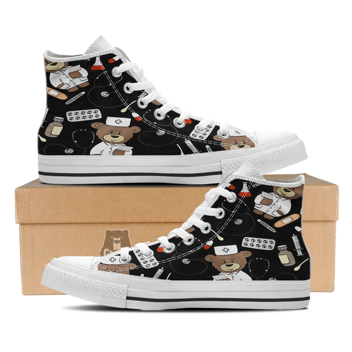 Black Teddy Bear Nurse White High Top Shoes-grizzshop