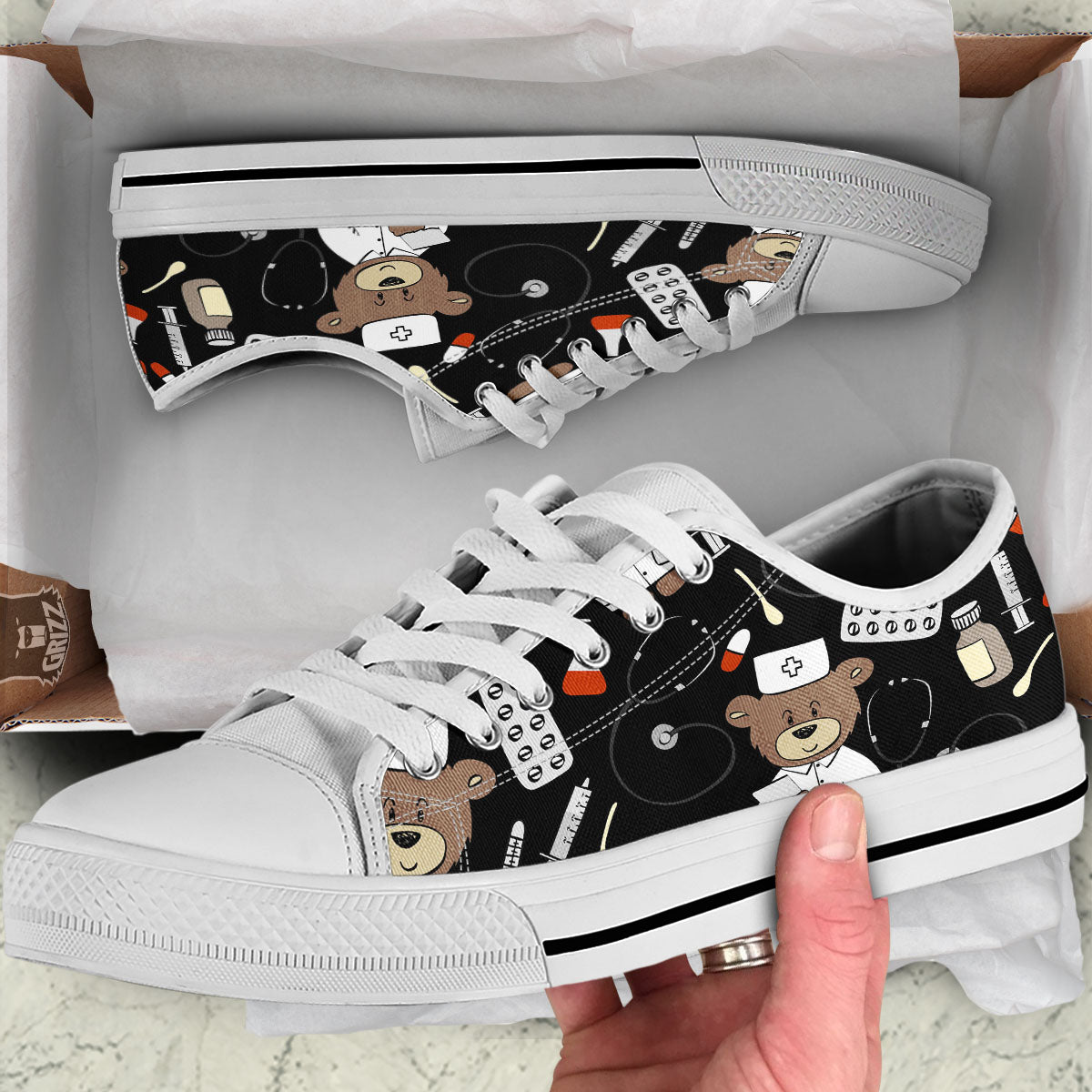 Black Teddy Bear Nurse White Low Top Shoes-grizzshop