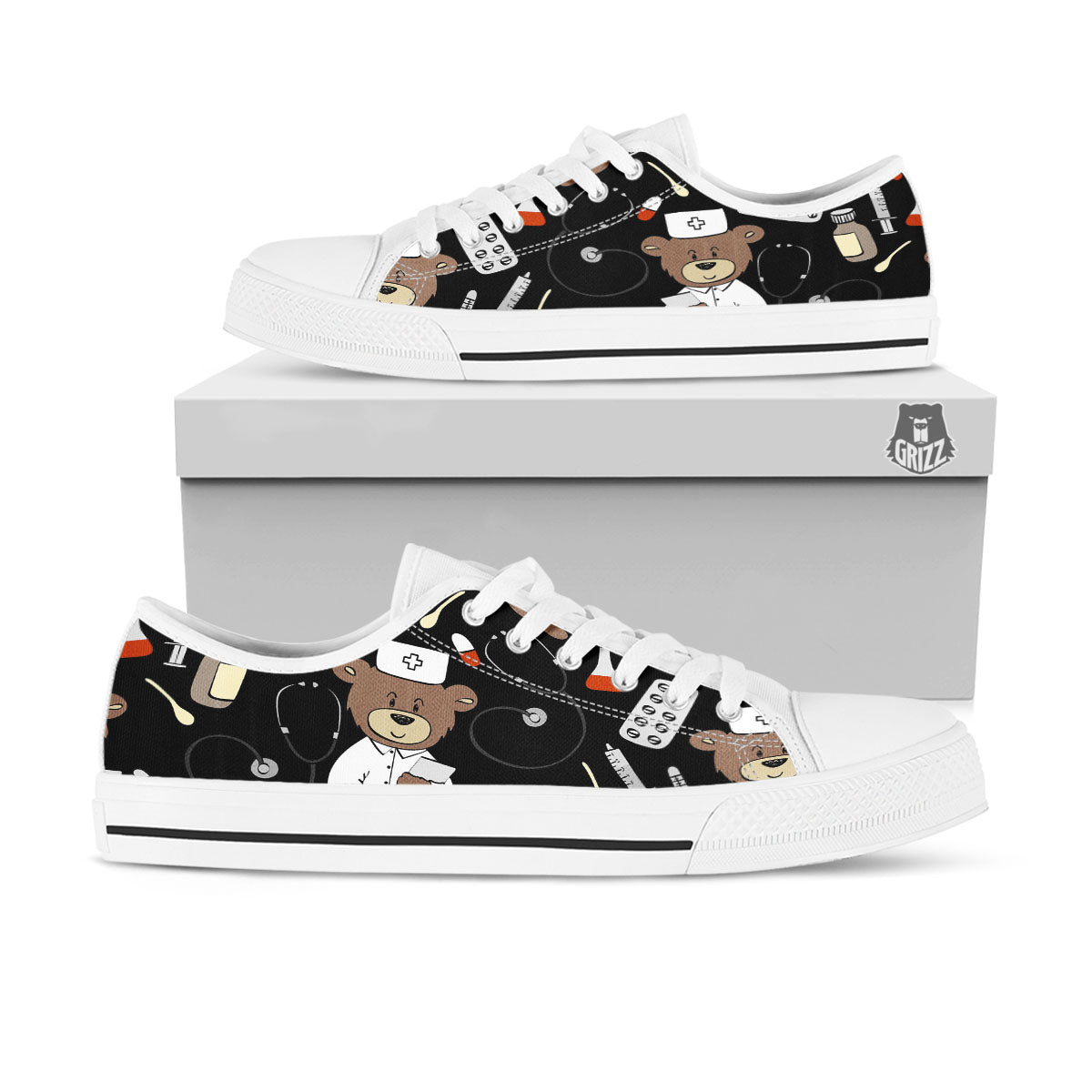 Black Teddy Bear Nurse White Low Top Shoes-grizzshop