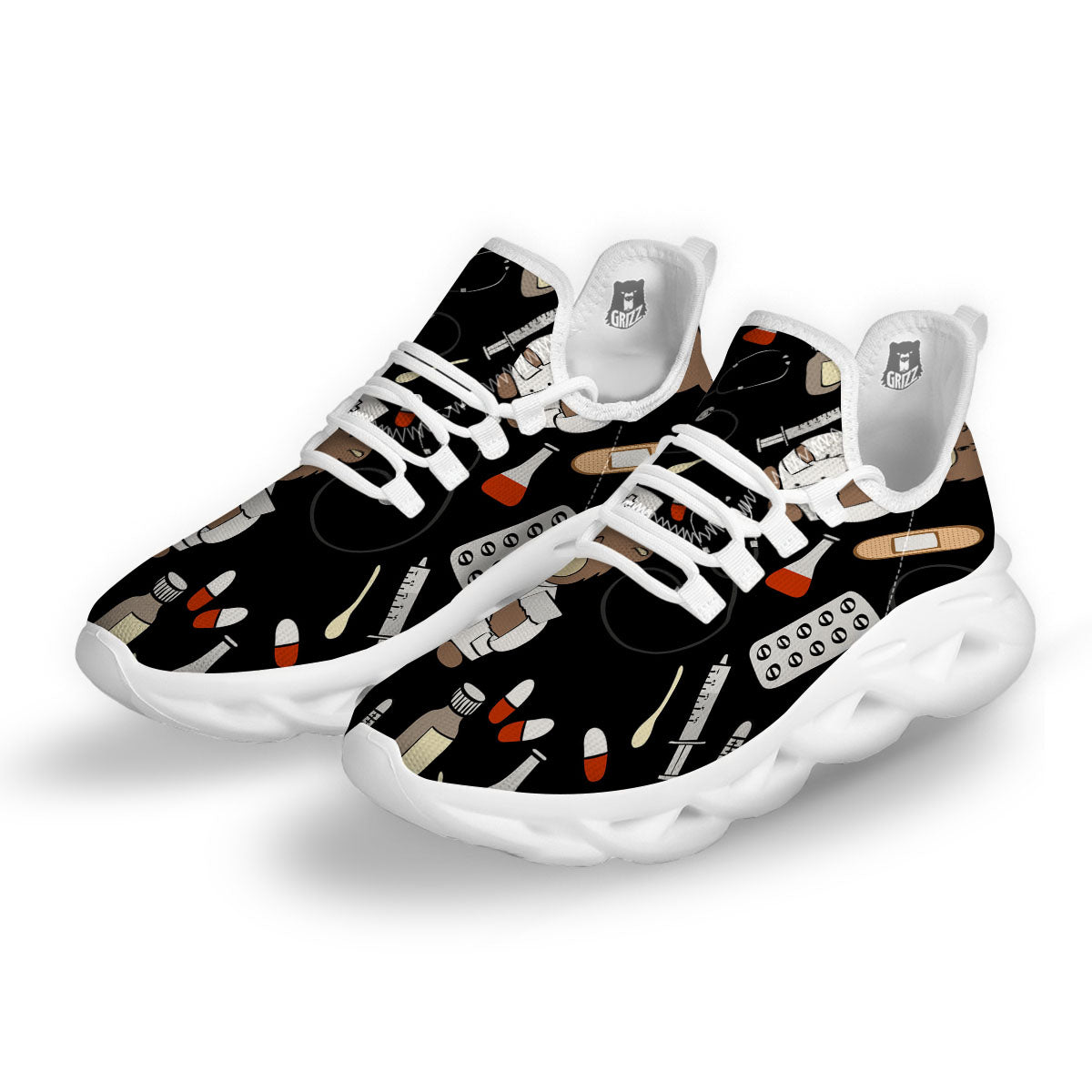 Black Teddy Bear Nurse White Running Shoes-grizzshop