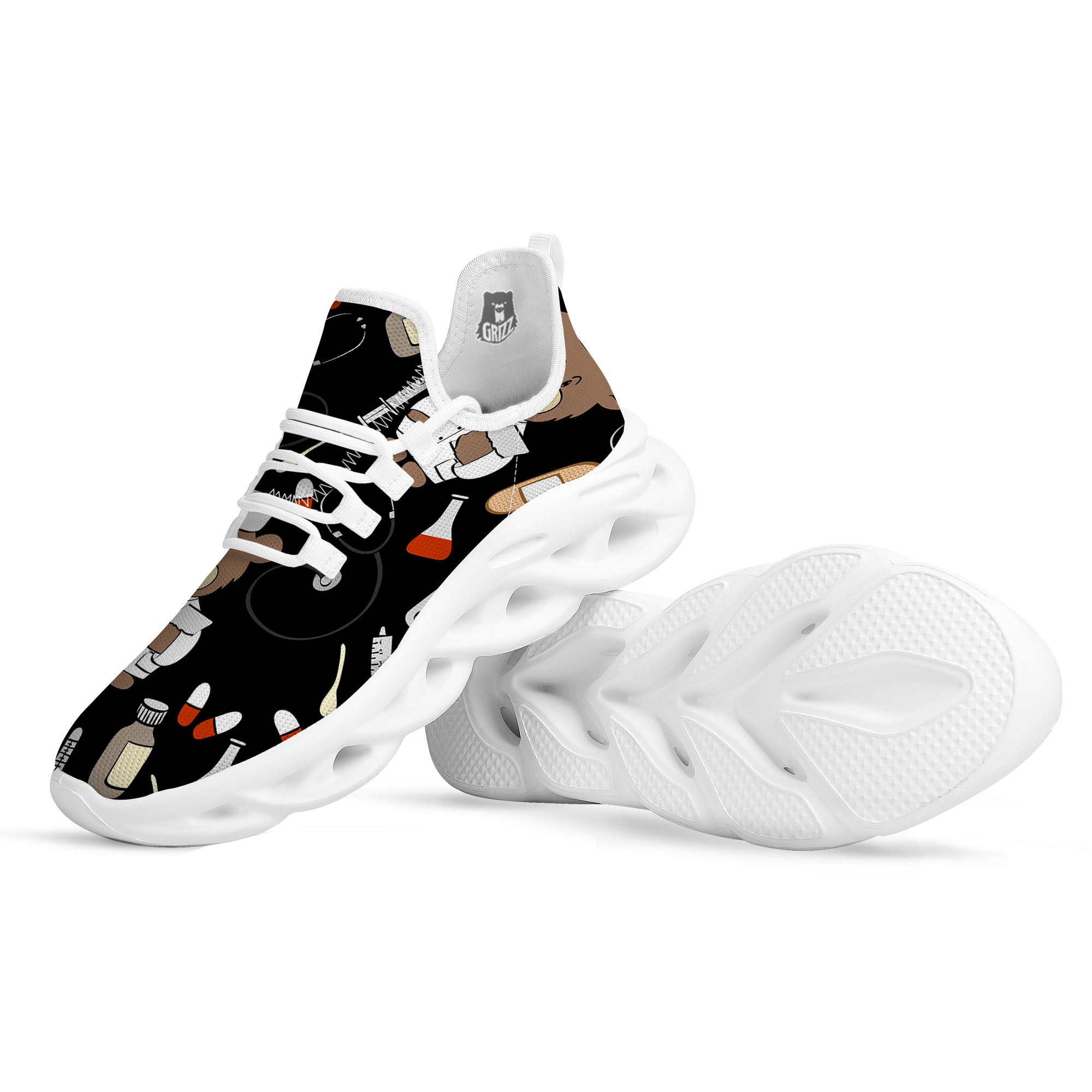 Black Teddy Bear Nurse White Running Shoes-grizzshop