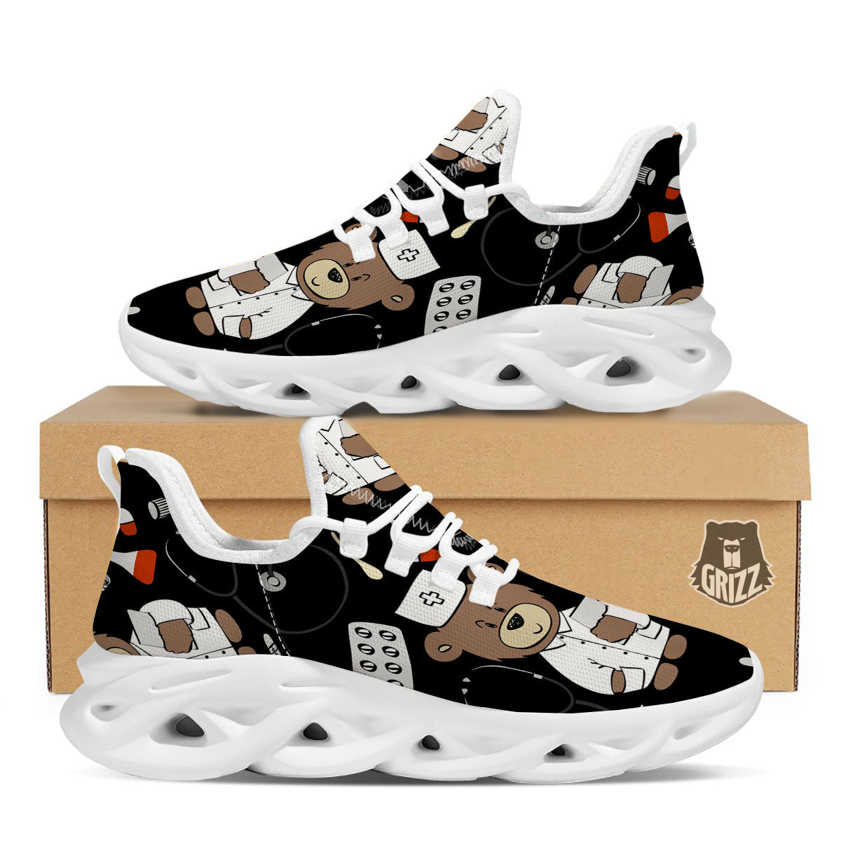 Black Teddy Bear Nurse White Running Shoes-grizzshop