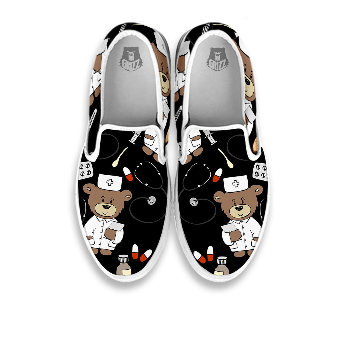 Black Teddy Bear Nurse White Slip On Shoes-grizzshop