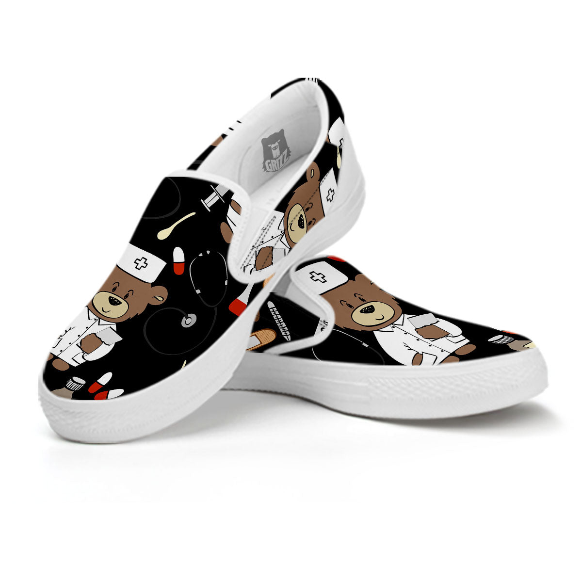 Black Teddy Bear Nurse White Slip On Shoes-grizzshop
