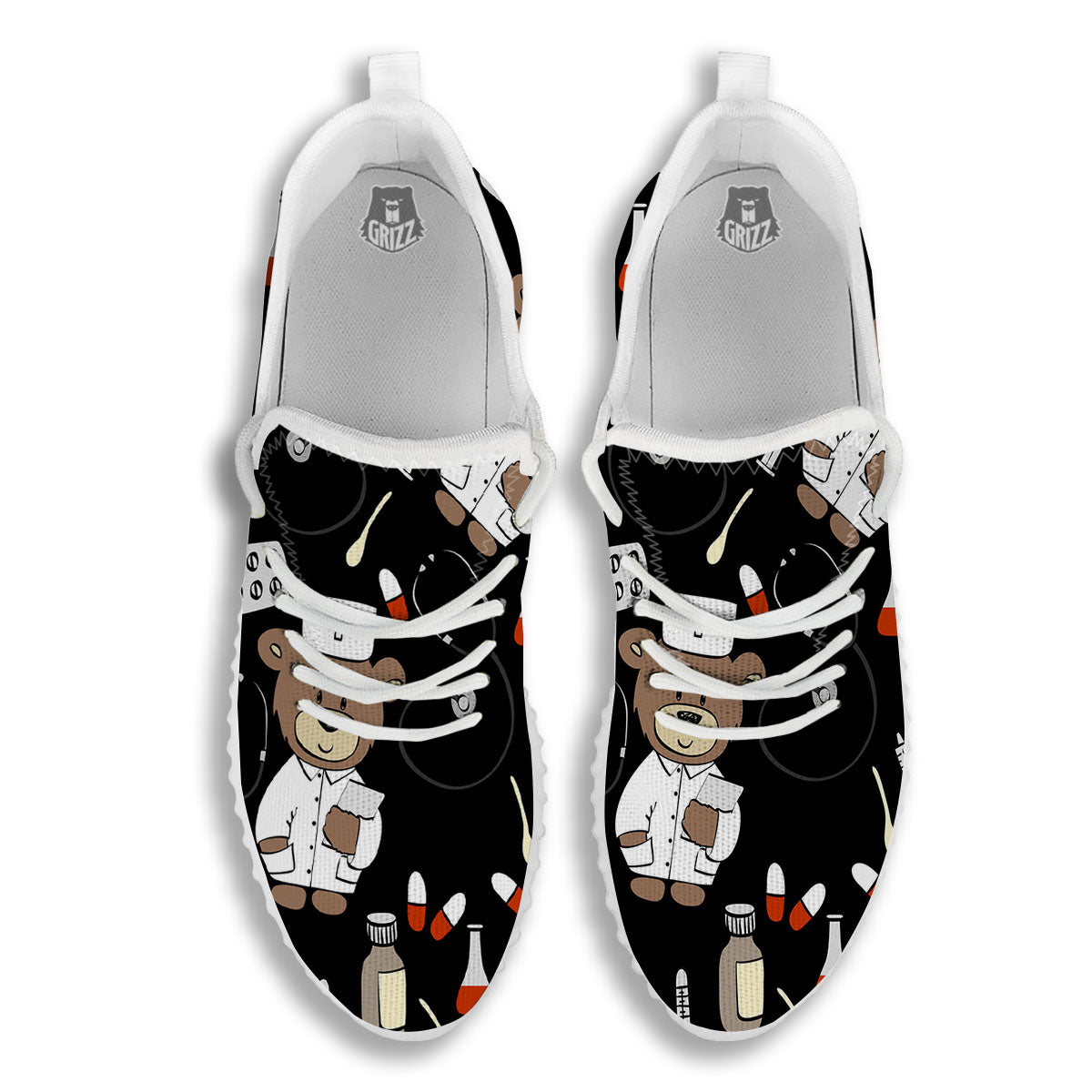 Black Teddy Bear Nurse White Walking Shoes-grizzshop