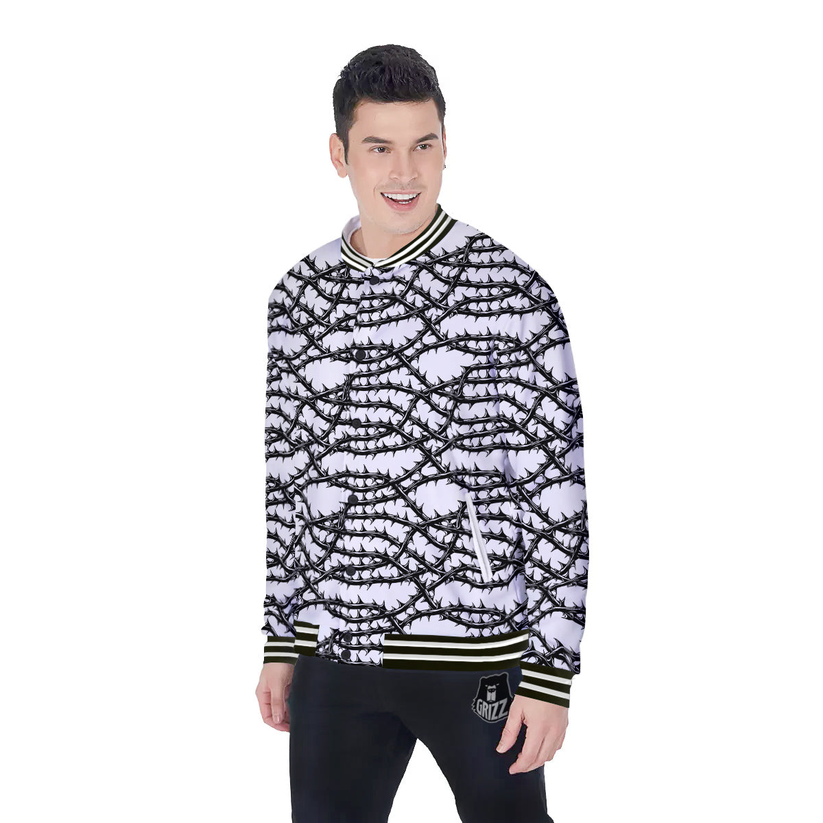 Black Thorn Horror Style Print Pattern Baseball Jacket-grizzshop