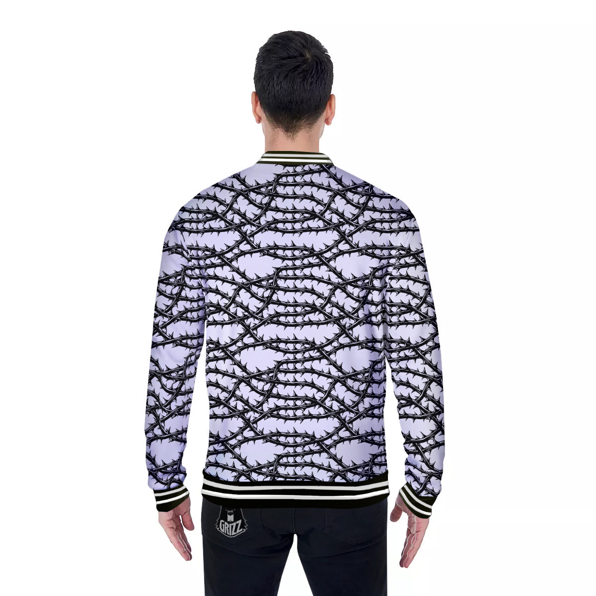 Black Thorn Horror Style Print Pattern Baseball Jacket-grizzshop
