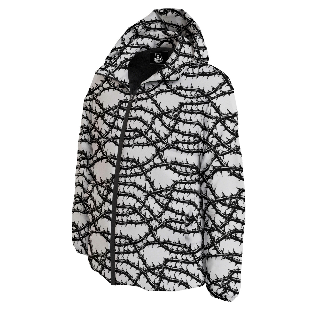 Black Thorn Horror Style Print Pattern Down Jacket-grizzshop