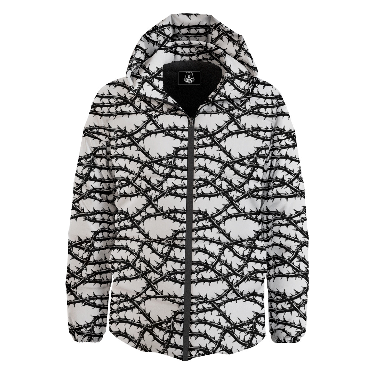 Black Thorn Horror Style Print Pattern Down Jacket-grizzshop