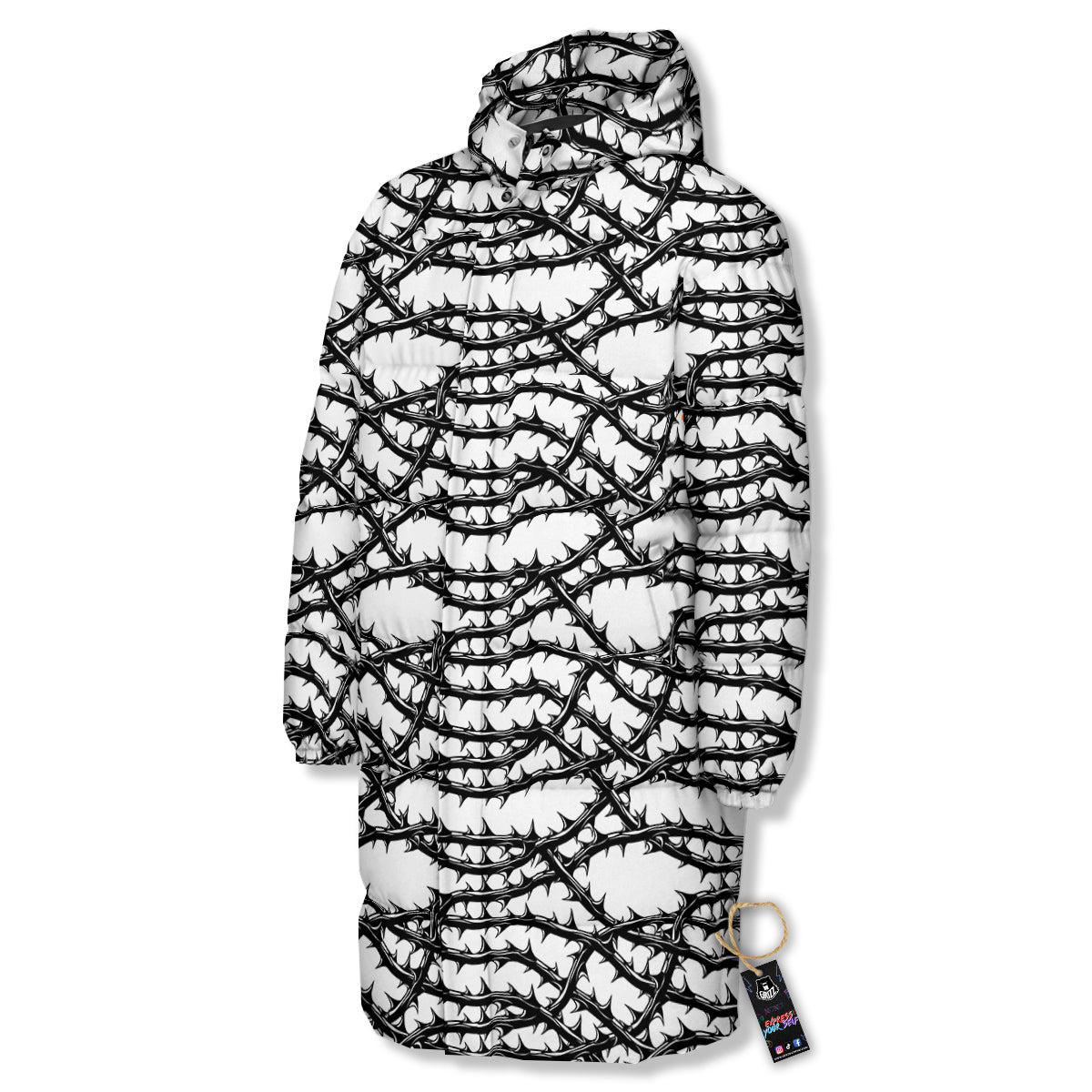 Black Thorn Horror Style Print Pattern Long Down Jacket-grizzshop