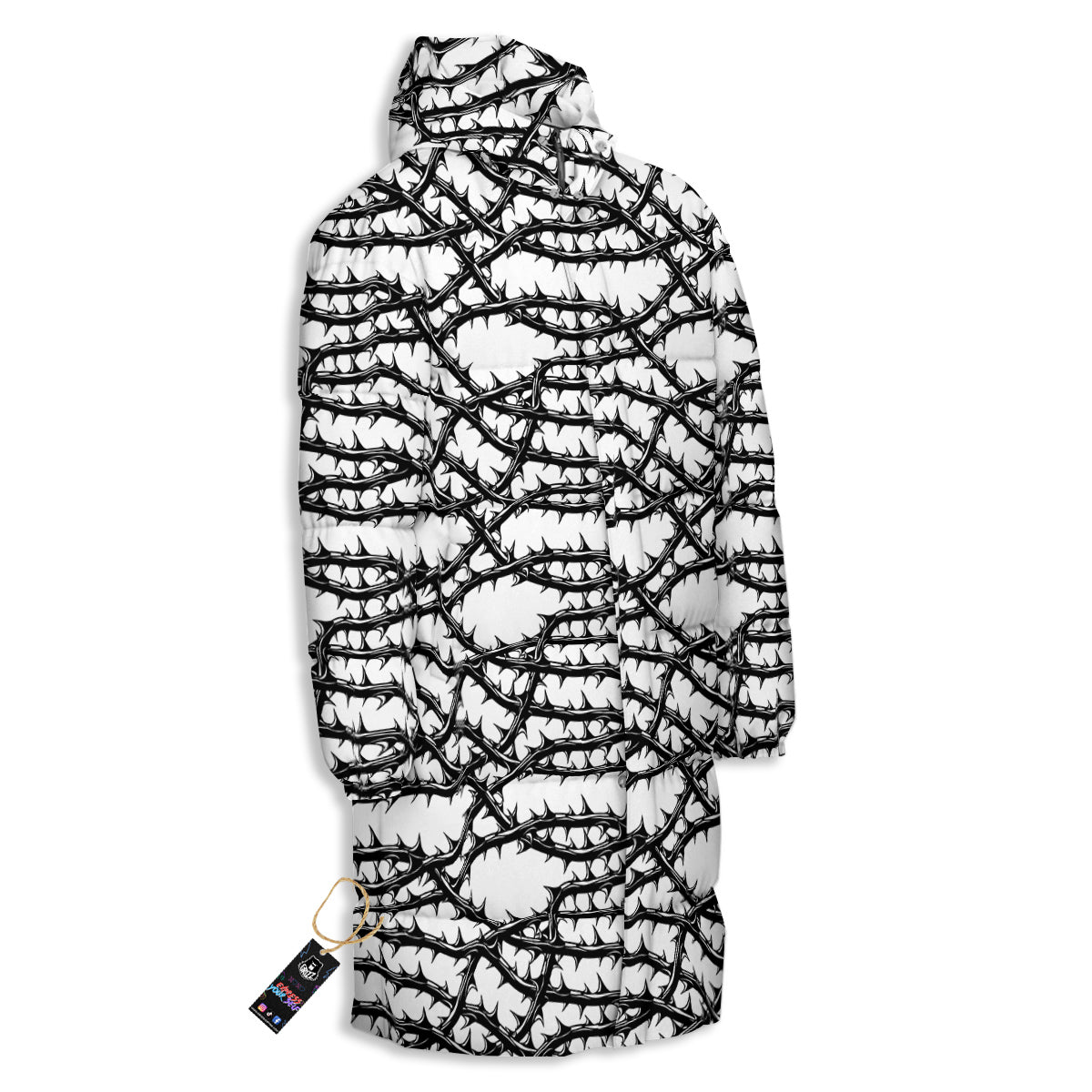 Black Thorn Horror Style Print Pattern Long Down Jacket-grizzshop