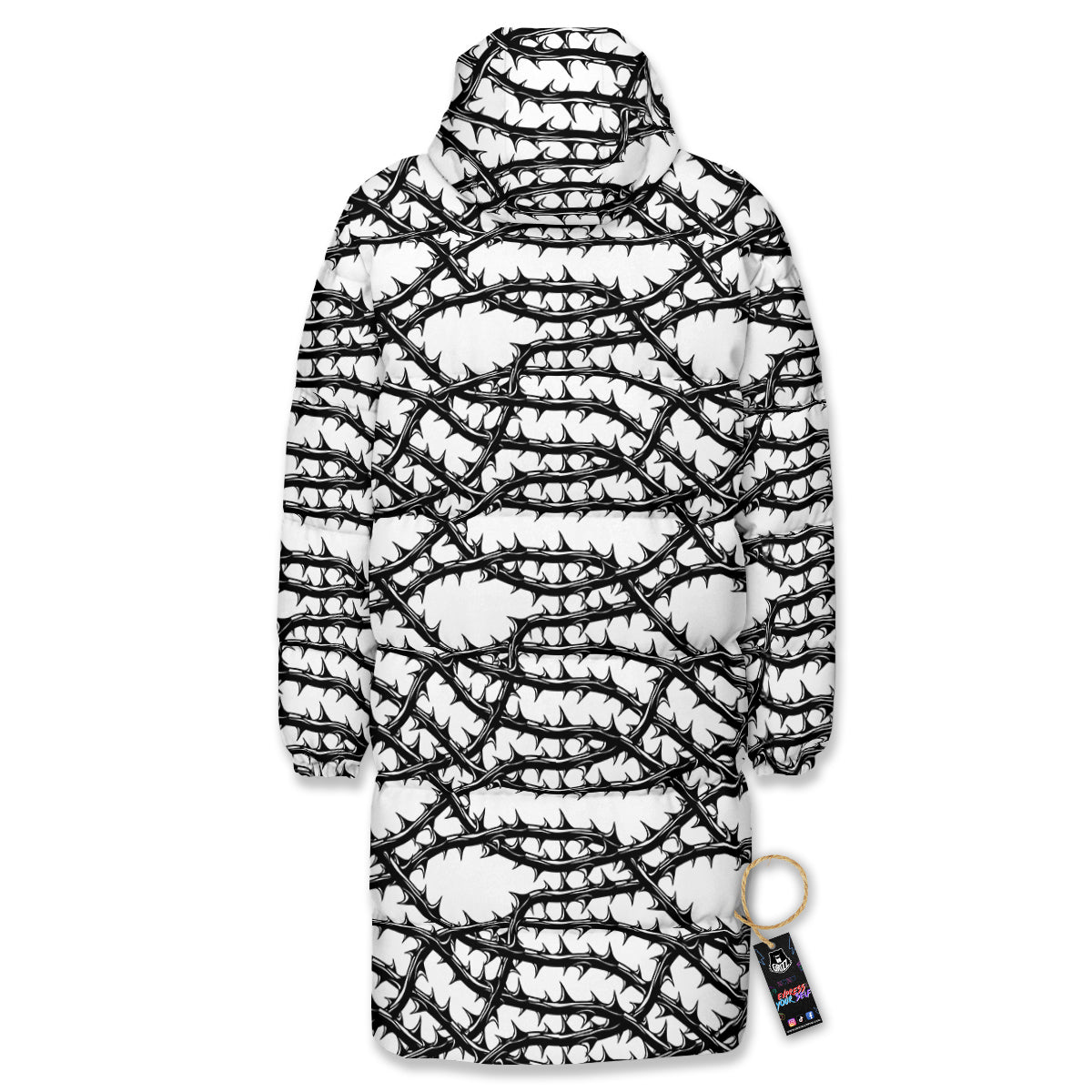 Black Thorn Horror Style Print Pattern Long Down Jacket-grizzshop