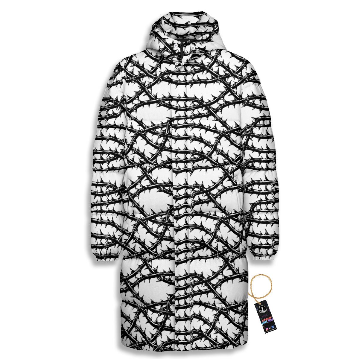 Black Thorn Horror Style Print Pattern Long Down Jacket-grizzshop