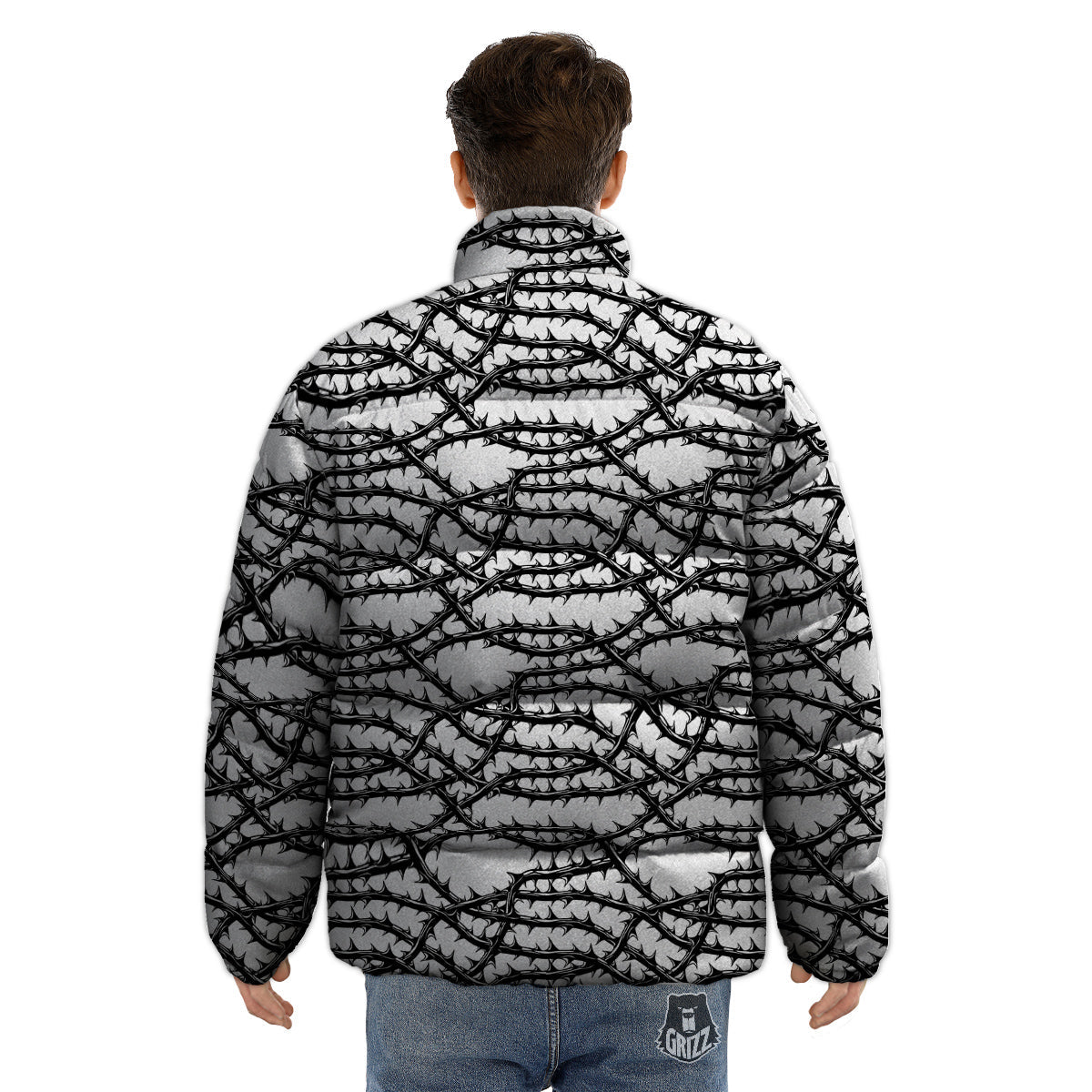 Black Thorn Horror Style Print Pattern Puffer Jacket-grizzshop