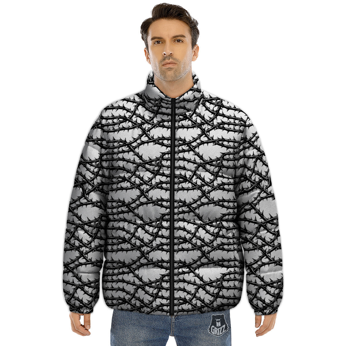 Black Thorn Horror Style Print Pattern Puffer Jacket-grizzshop