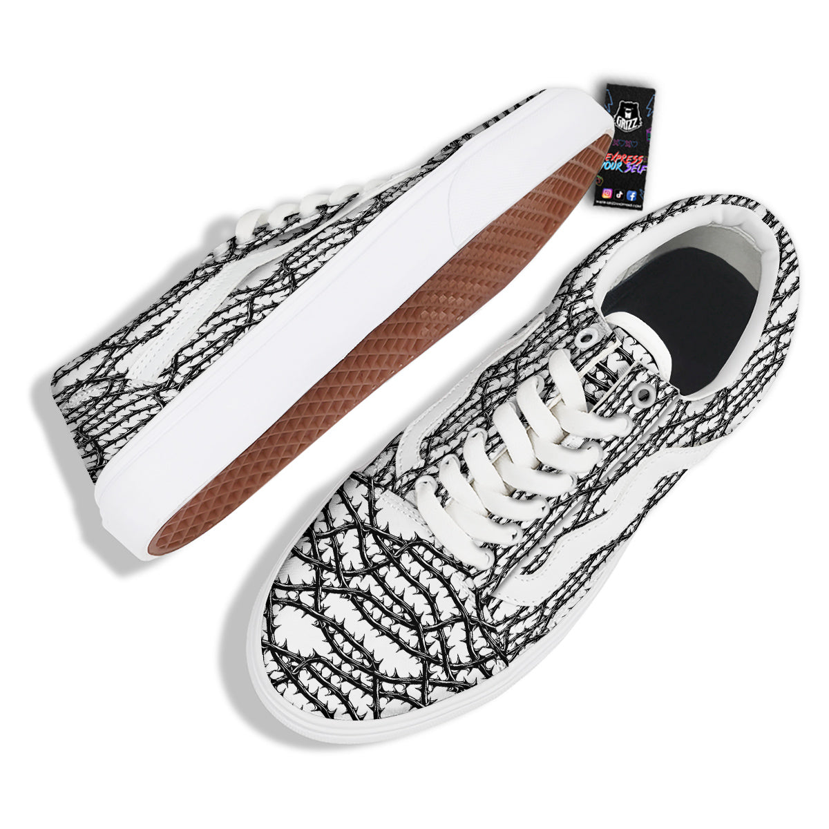 Black Thorn Horror Style Print Pattern Skate Shoes-grizzshop