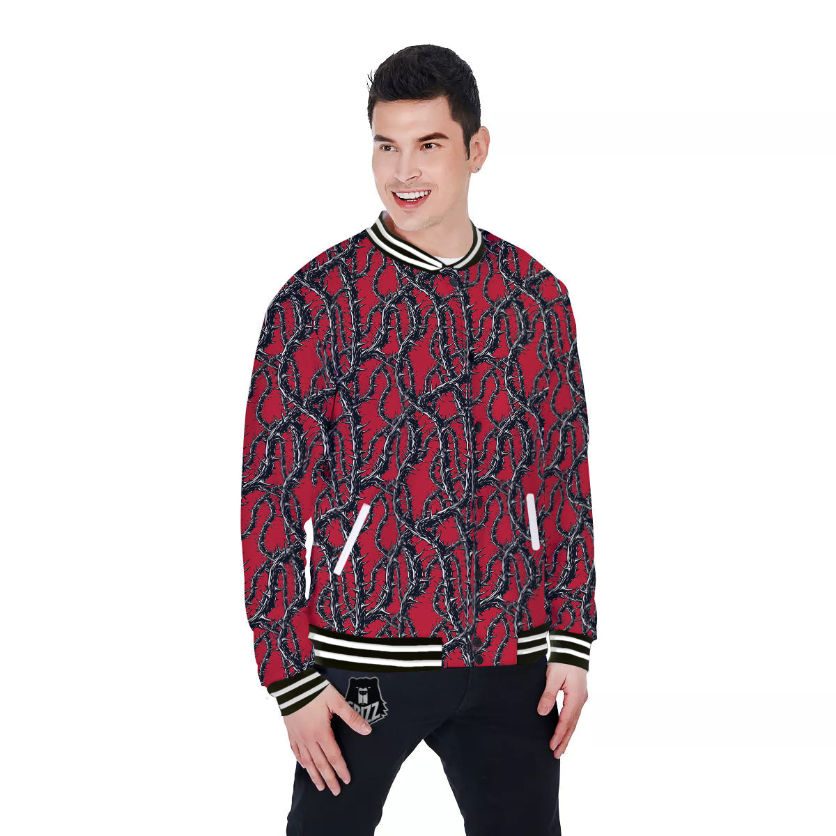 Black Thorns Horror Print Pattern Baseball Jacket-grizzshop