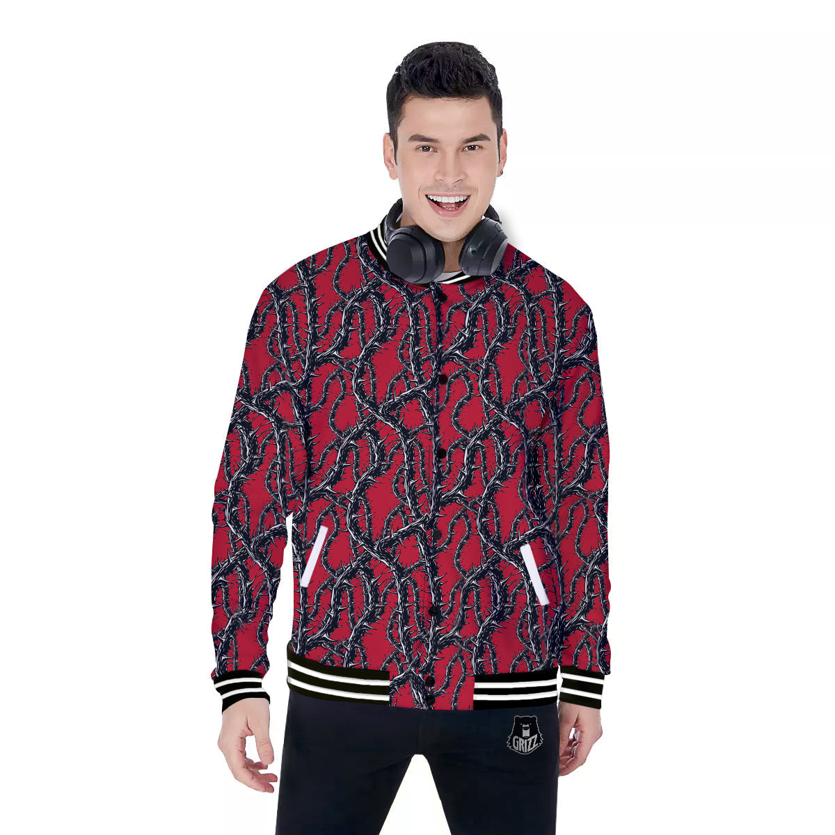 Black Thorns Horror Print Pattern Baseball Jacket-grizzshop