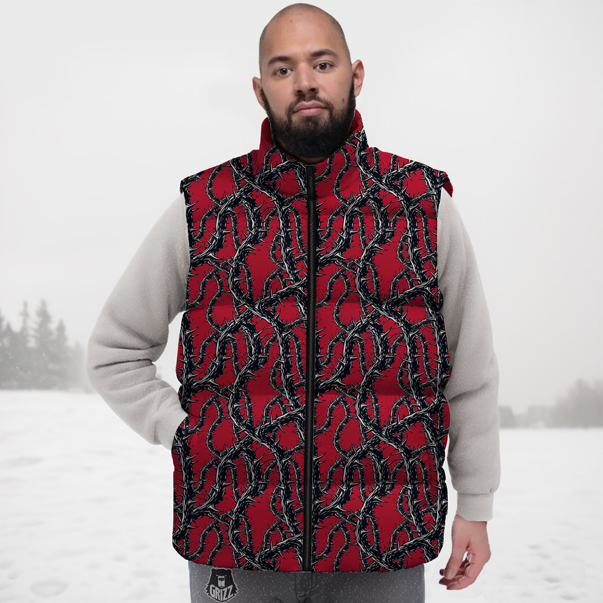 Black Thorns Horror Print Pattern Down Vest-grizzshop