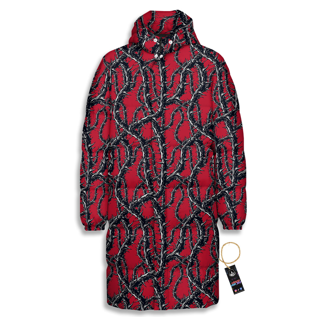 Black Thorns Horror Print Pattern Long Down Jacket-grizzshop