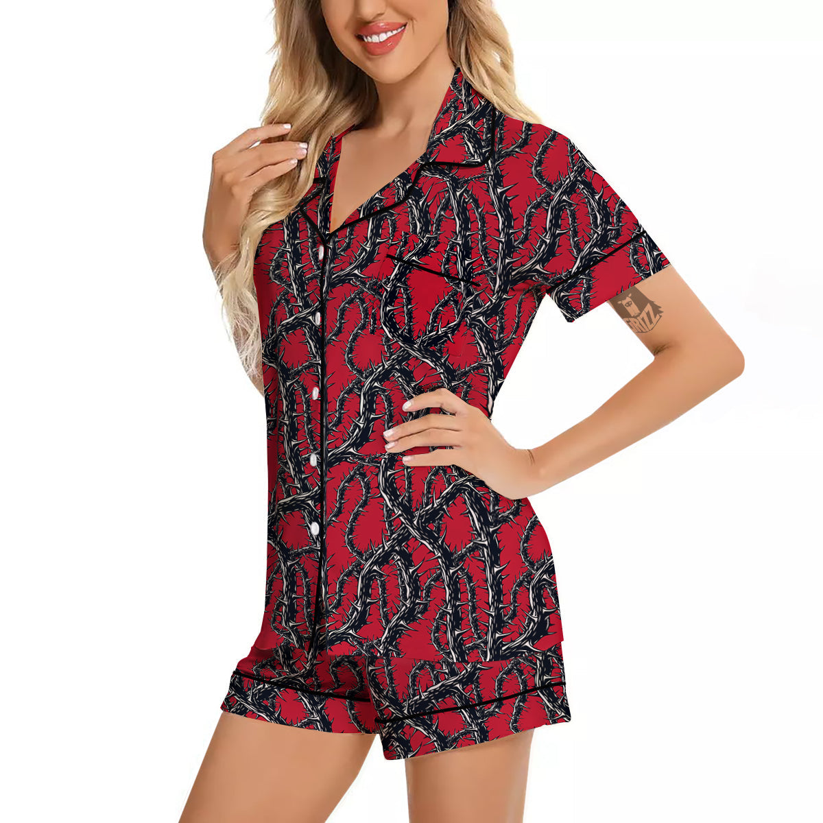 Black Thorns Horror Print Pattern Women Silk Pajamas-grizzshop