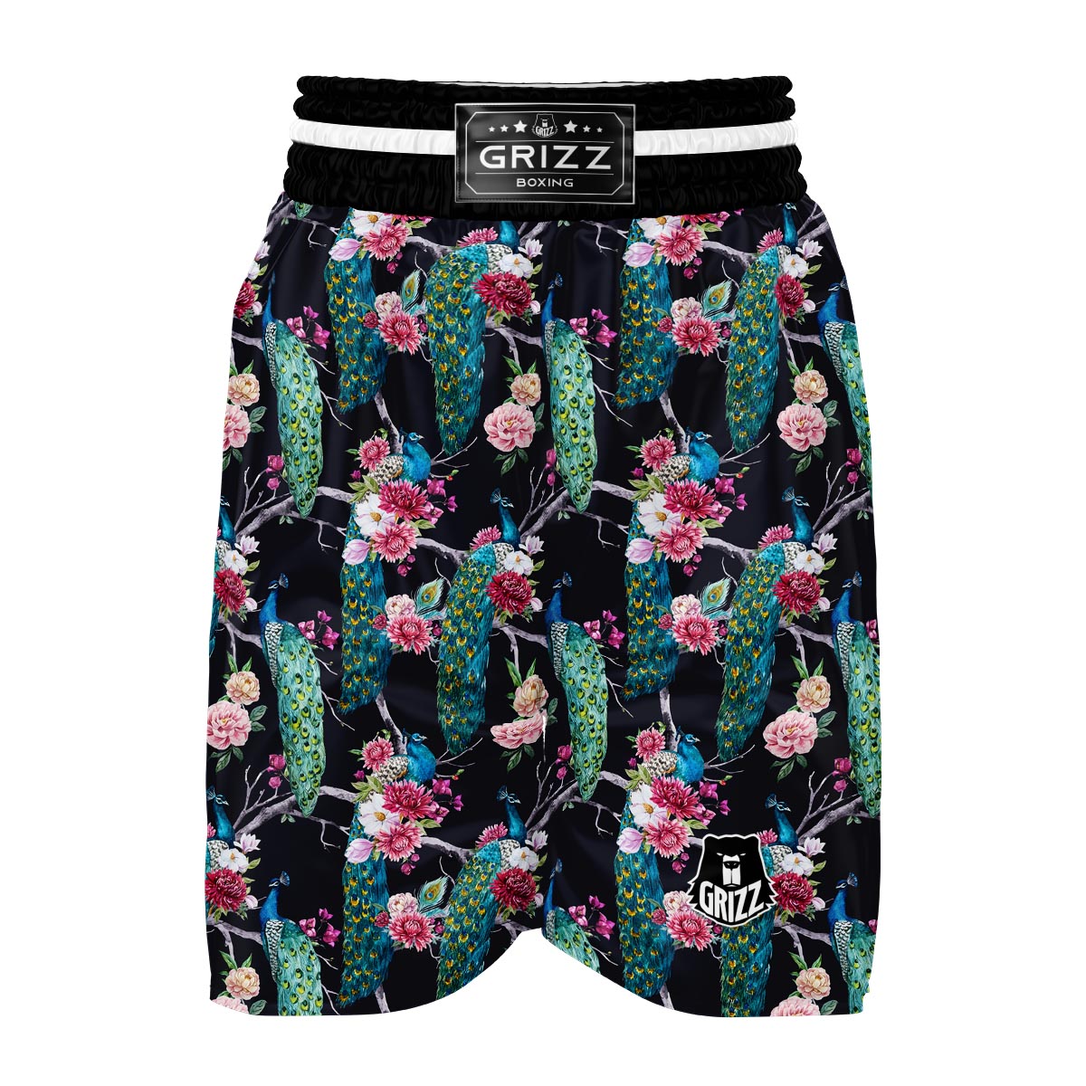 Black Tropical Peacock Boxing Shorts-grizzshop