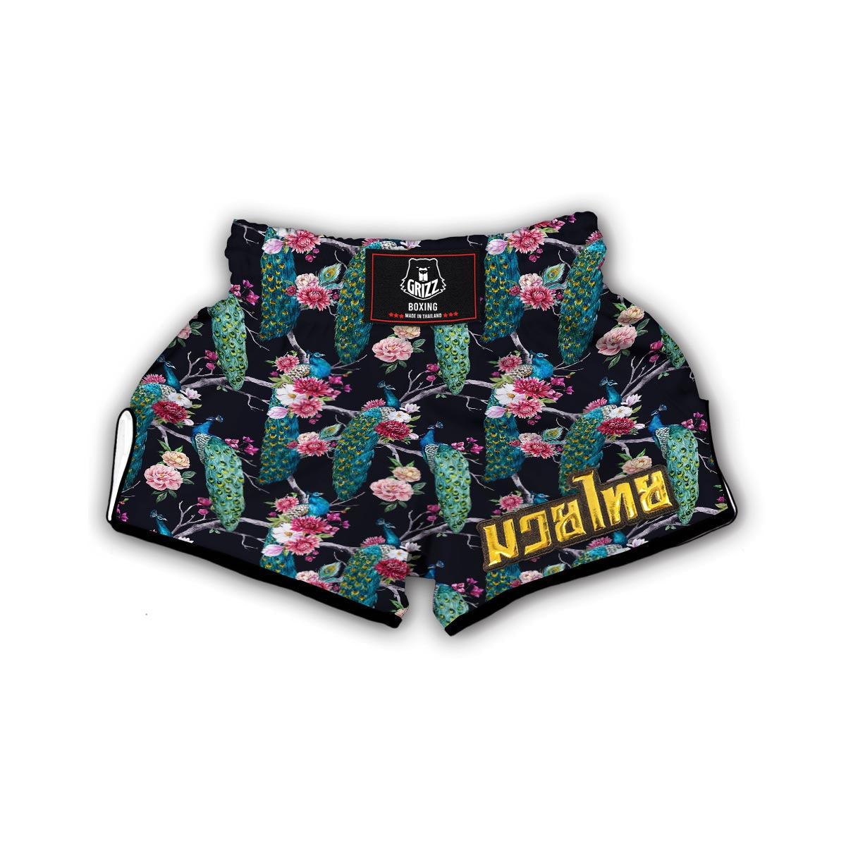 Black Tropical Peacock Muay Thai Boxing Shorts-grizzshop