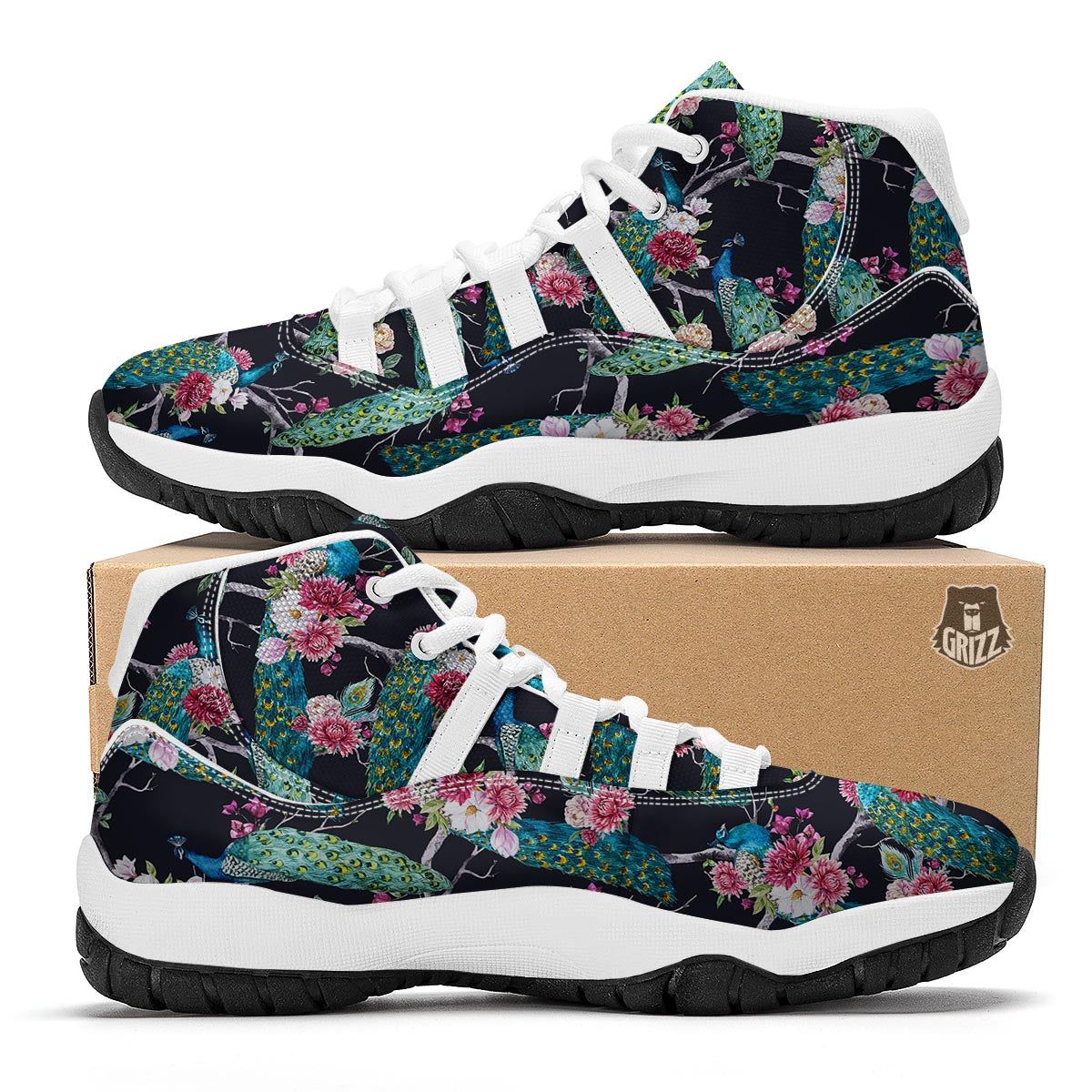 Black Tropical Peacock White Bball Shoes-grizzshop