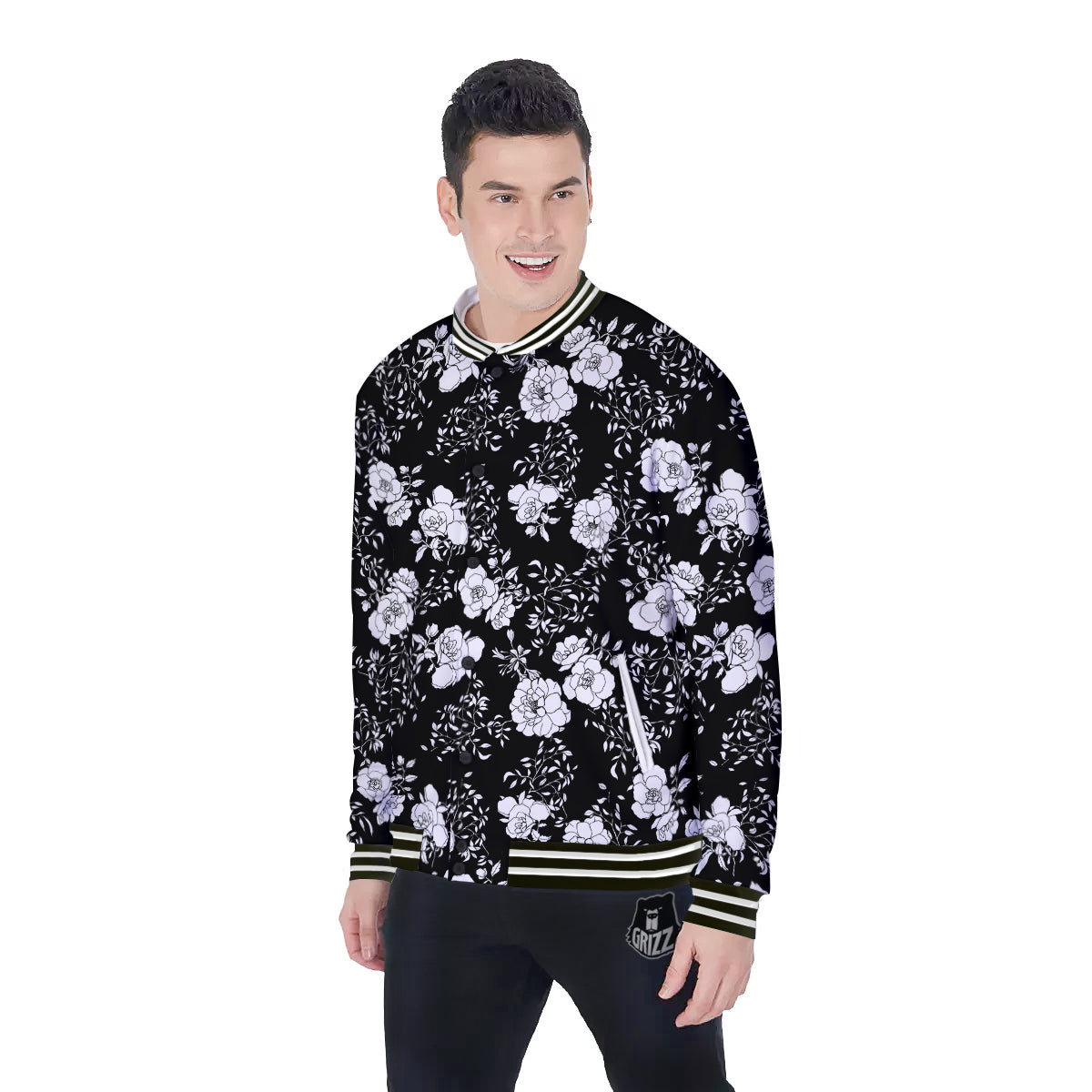 Black Vintage And White Floral Print Pattern Baseball Jacket-grizzshop