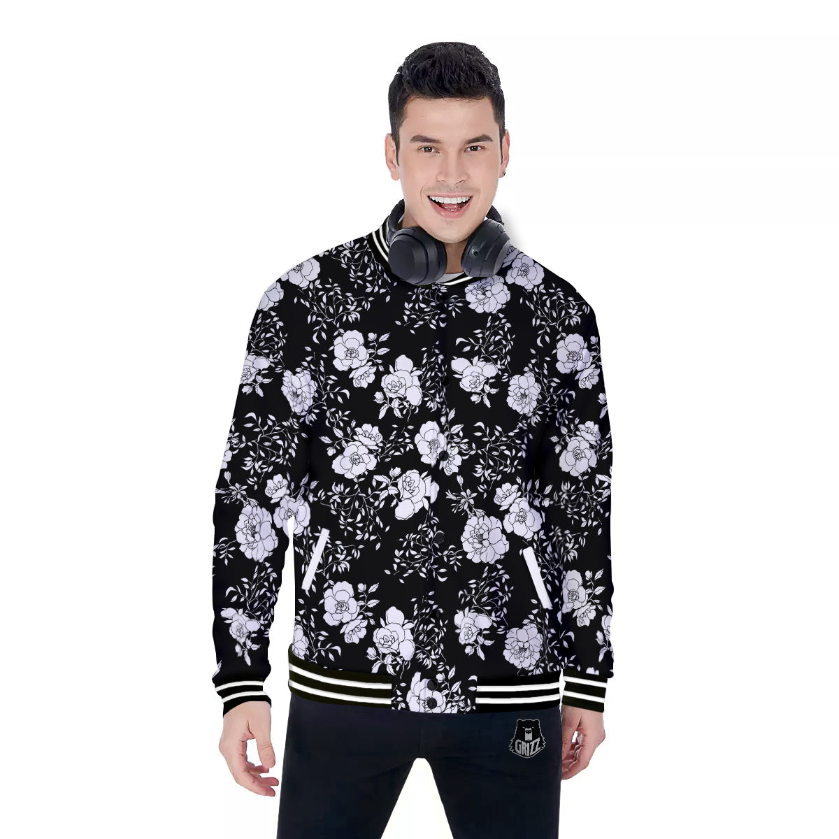 Black Vintage And White Floral Print Pattern Baseball Jacket-grizzshop