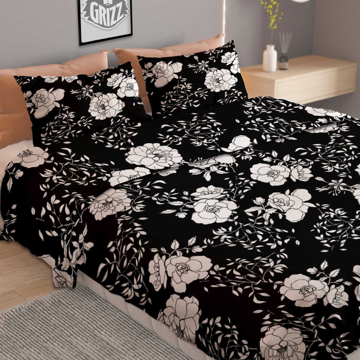 Black Vintage And White Floral Print Pattern Duvet Cover Bedding Set