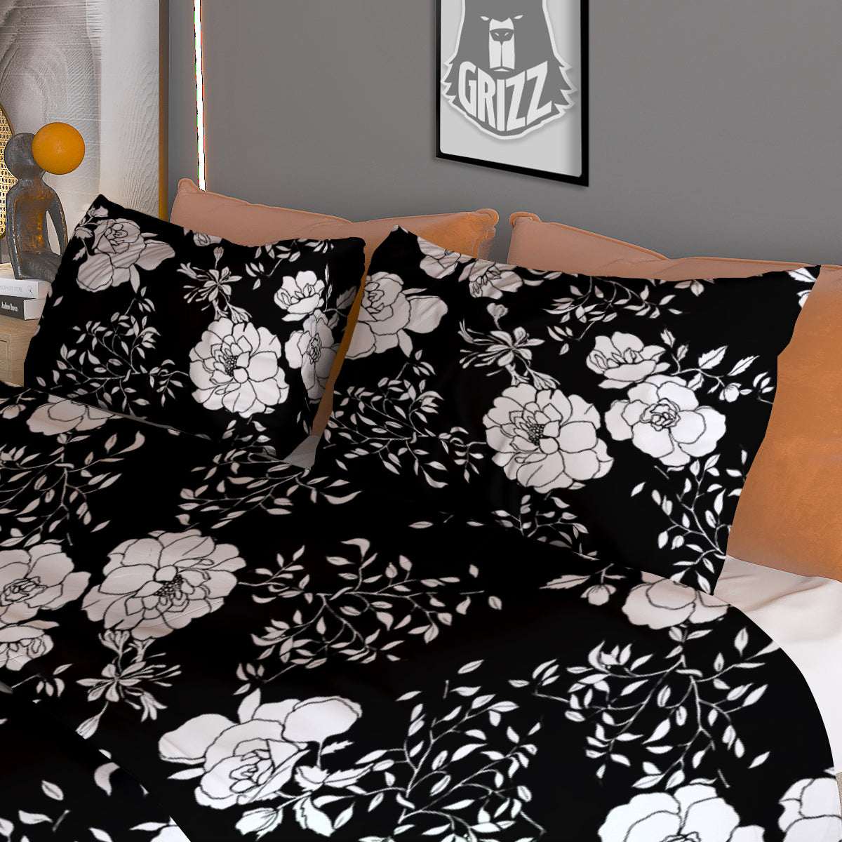 Black Vintage And White Floral Print Pattern Duvet Cover Bedding Set