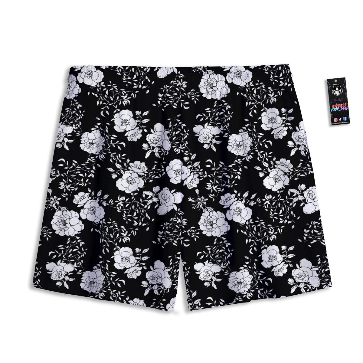 Black Vintage And White Floral Print Pattern Mesh Shorts