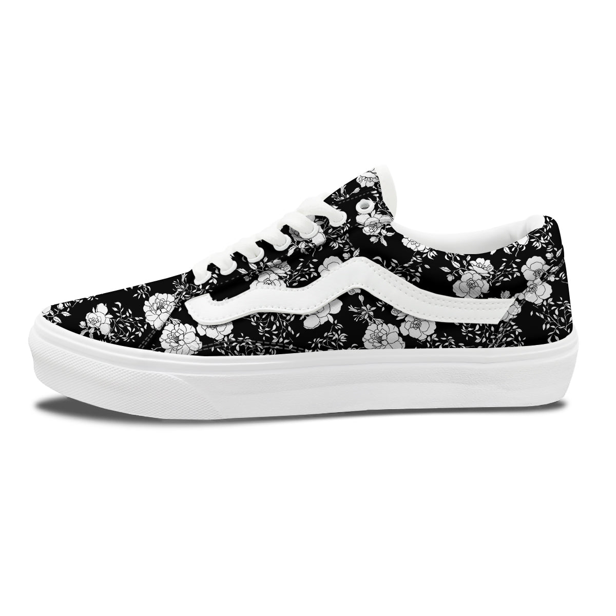 Black Vintage And White Floral Print Pattern Skate Shoes-grizzshop
