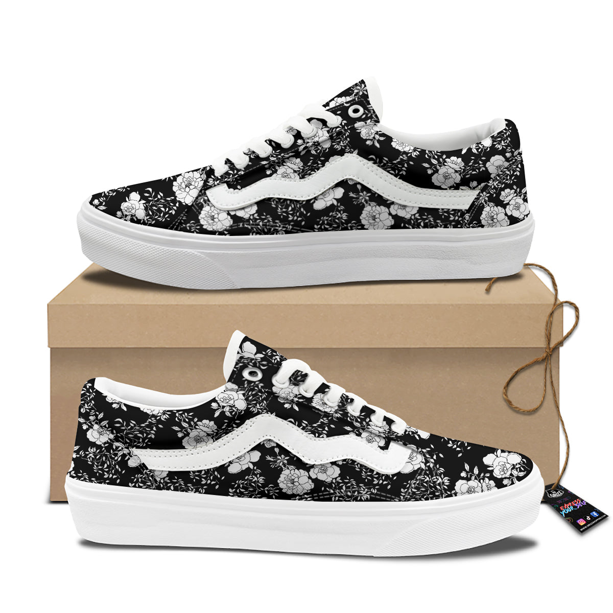 Black Vintage And White Floral Print Pattern Skate Shoes-grizzshop