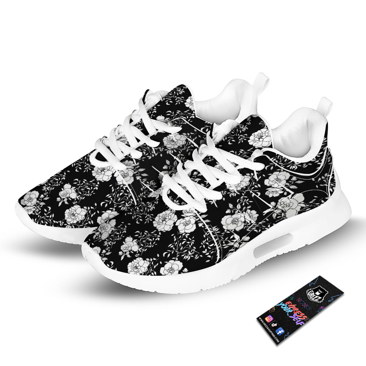 Black Vintage And White Floral Print Pattern Tennis Shoes-grizzshop