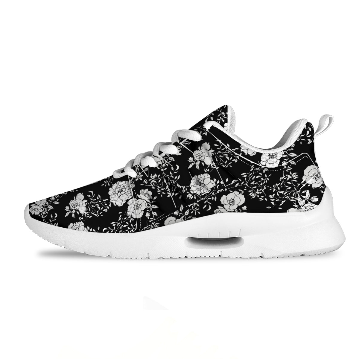 Black Vintage And White Floral Print Pattern Tennis Shoes-grizzshop