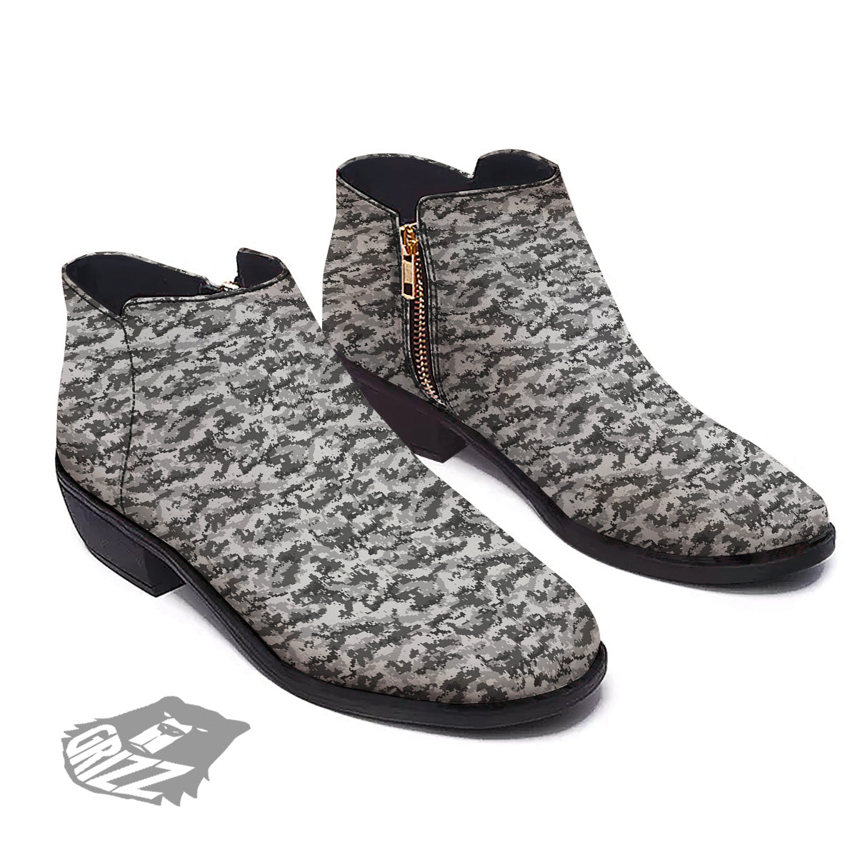 Black White And Grey Digital Camo Print Ankle Boots-grizzshop