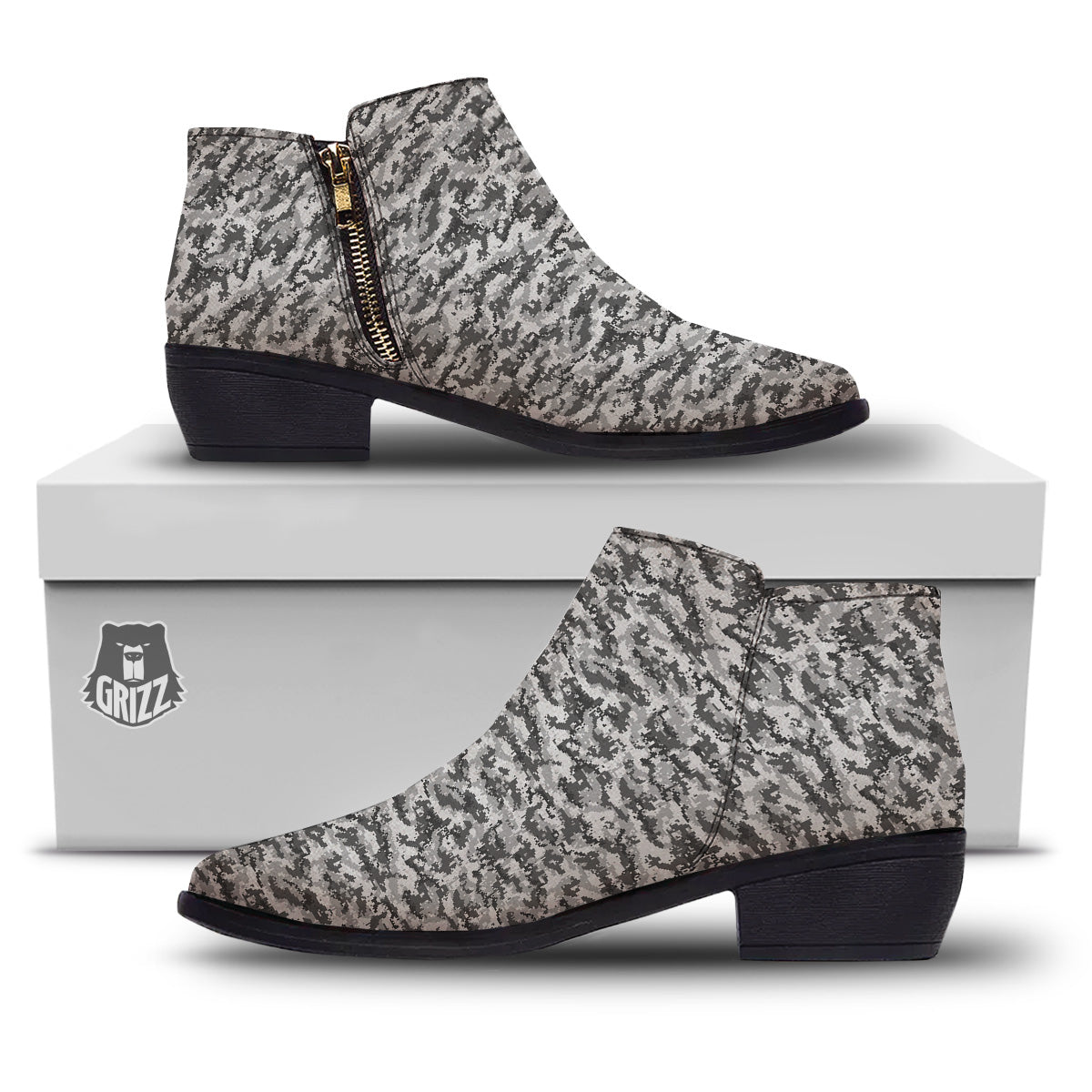 Black White And Grey Digital Camo Print Ankle Boots-grizzshop