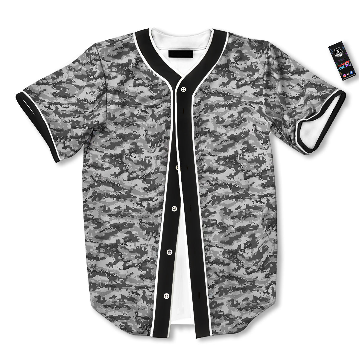Black White And Grey Digital Camo Print Baseball Jersey-grizzshop
