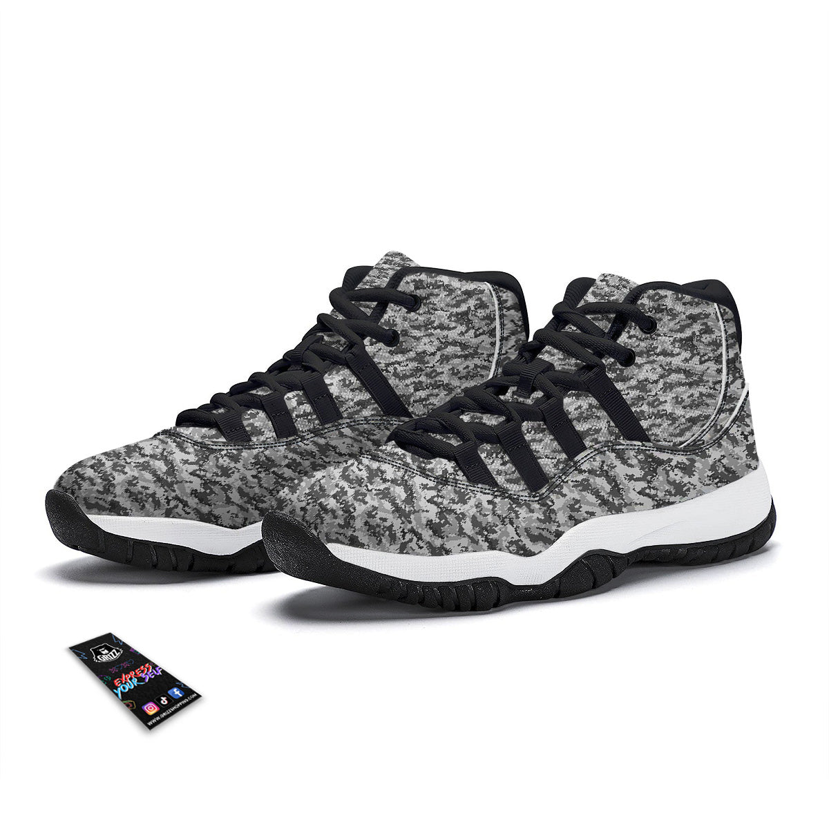 Black White And Grey Digital Camo Print Black Bball Shoes-grizzshop