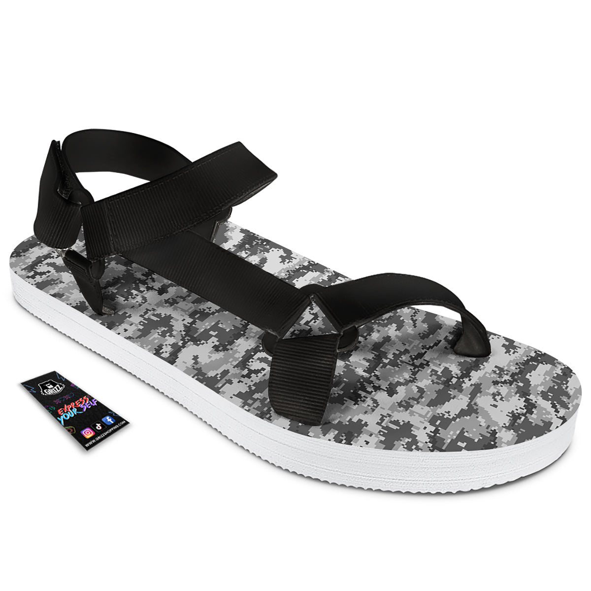 Black White And Grey Digital Camo Print Black Open Toe Sandals-grizzshop
