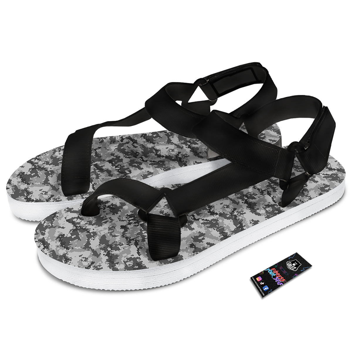 Black White And Grey Digital Camo Print Black Open Toe Sandals-grizzshop