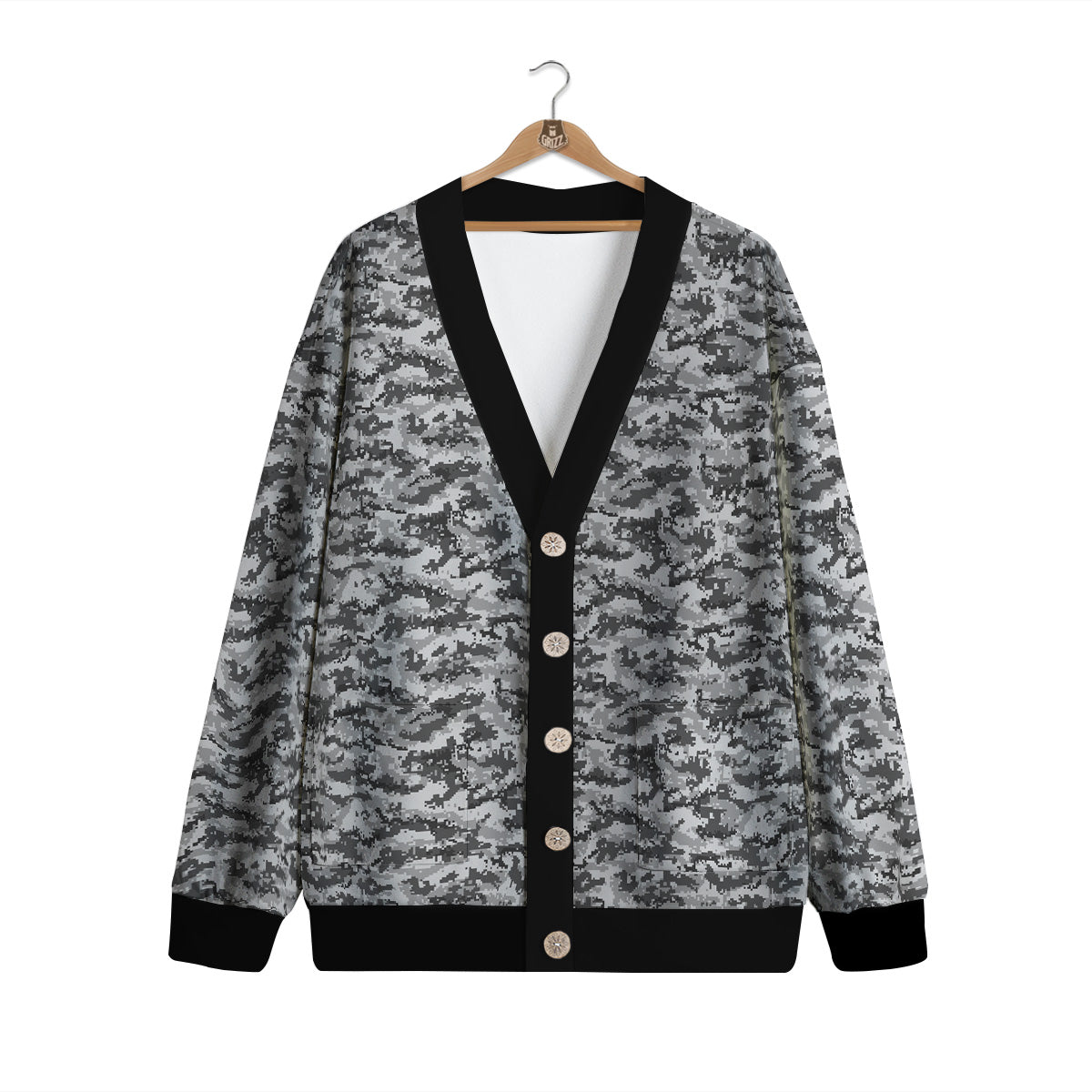 Black White And Grey Digital Camo Print Cardigan-grizzshop