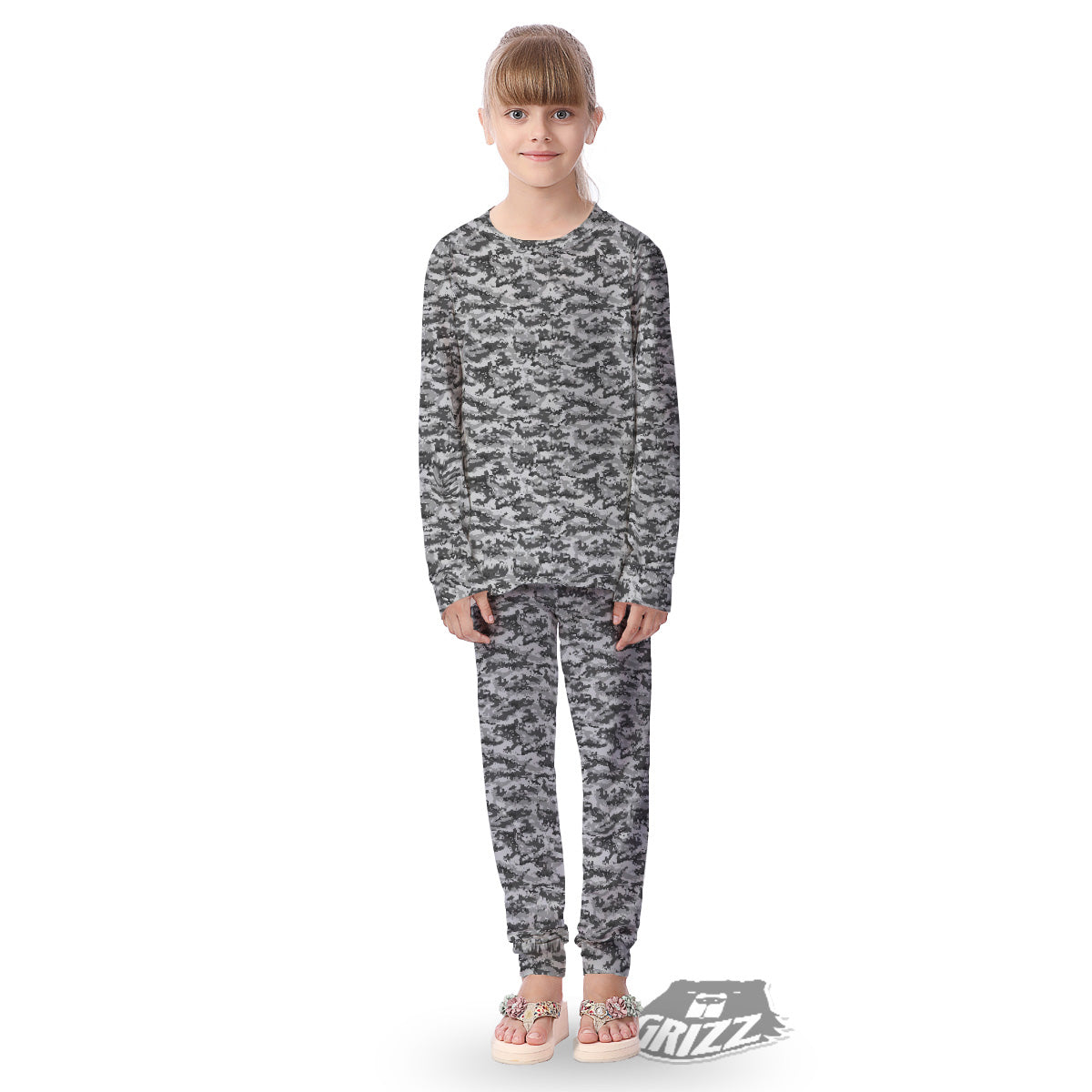 Black White And Grey Digital Camo Print Kid's Pajamas-grizzshop