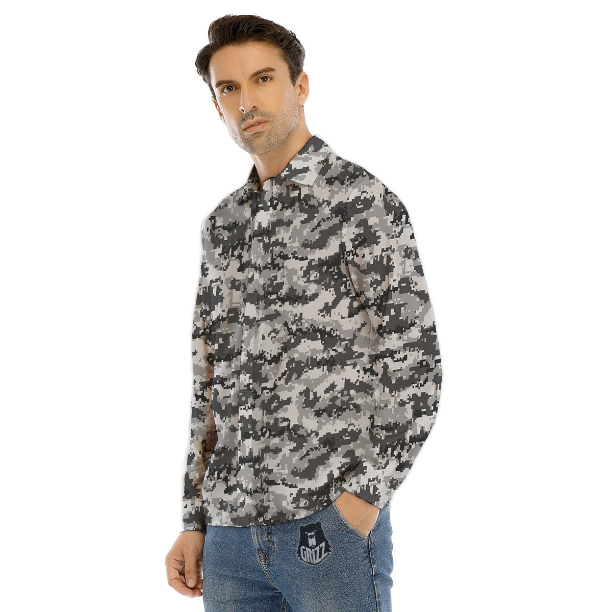 Black White And Grey Digital Camo Print Men's Dress Shirts-grizzshop