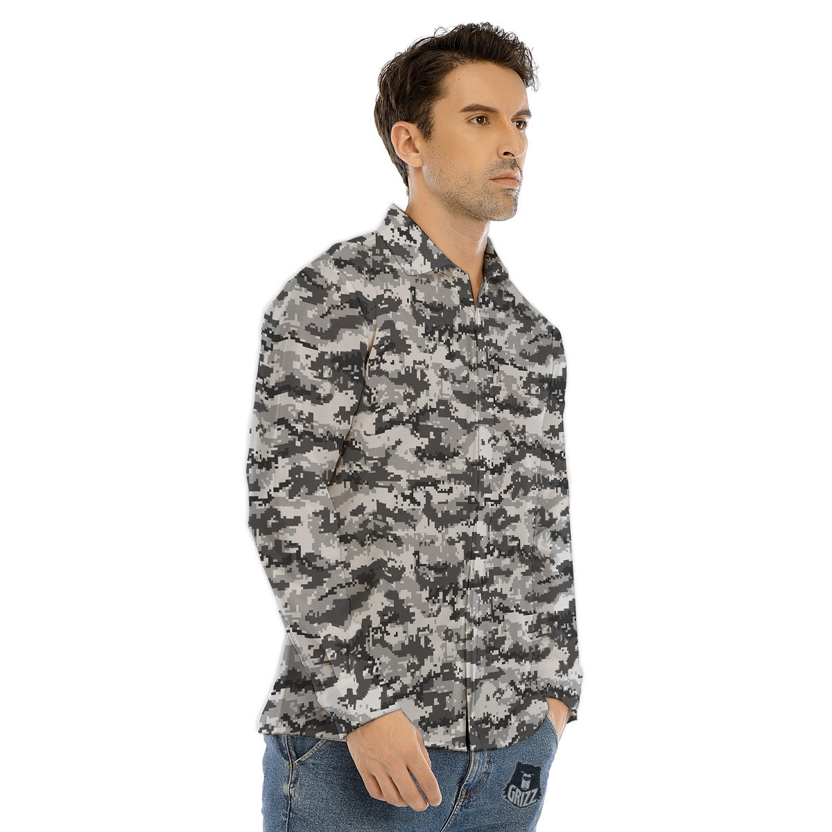 Black White And Grey Digital Camo Print Men's Dress Shirts-grizzshop